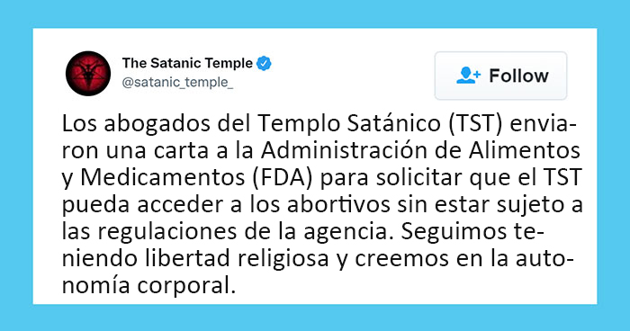 La gente aplaude al Templo Satánico por dar la cara para proteger el derecho al aborto en una carta viral a la FDA