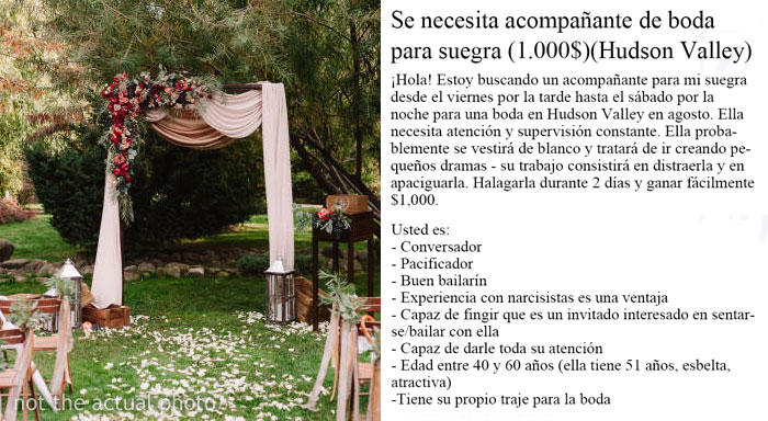 Se vuelve viral un anuncio en Craiglist donde buscan un acompañante para una suegra infernal durante una boda