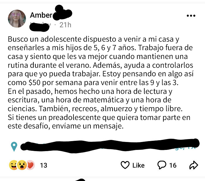 Una señora quería que un adolescente cuidara a sus hijos por $50 a la semana