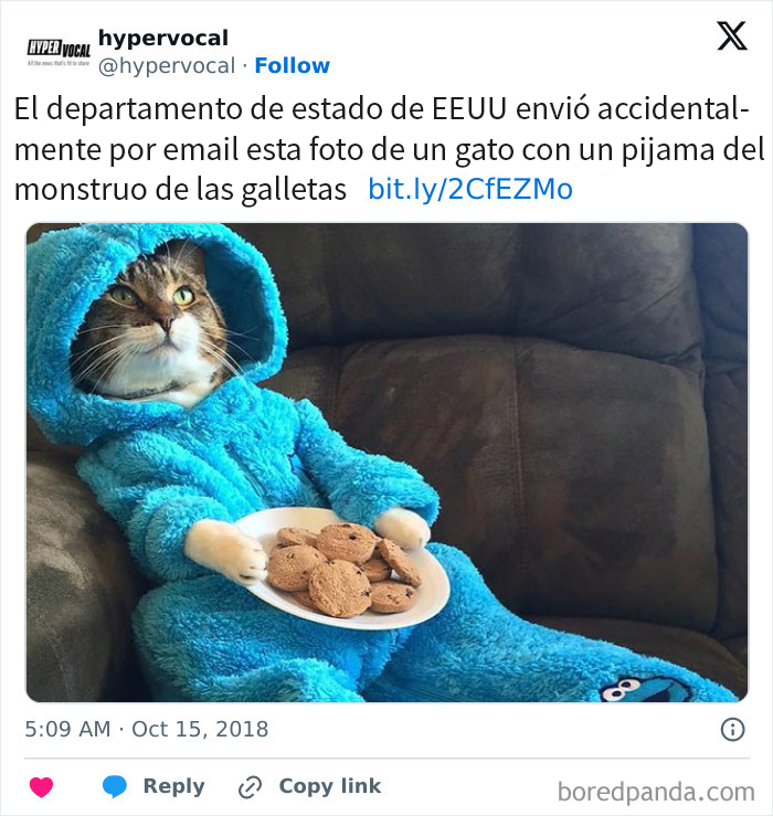 La embajada de EE.UU. en Canberra, Australia, envió accidentalmente por email al Departamento de Estado una invitación a una «reunión» en la que aparecía un gato con un pijama del Monstruo de las Galletas.