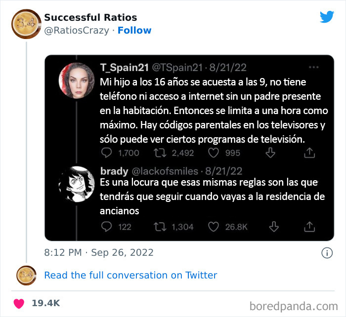 Réplica ingeniosa en Twitter sobre reglas estrictas para un adolescente de 16 años.