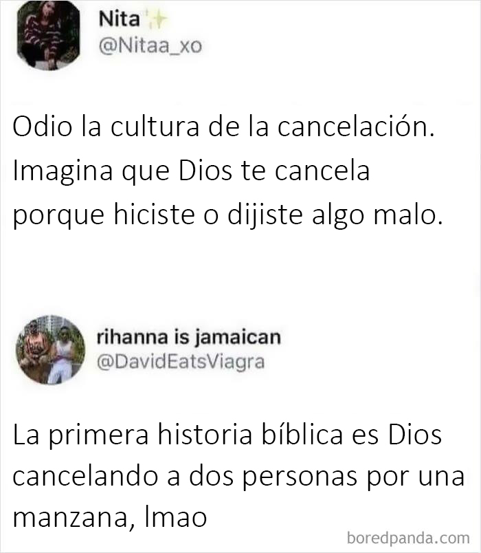 Intercambio de réplicas ingeniosas sobre la cancelación y una historia bíblica en redes sociales.