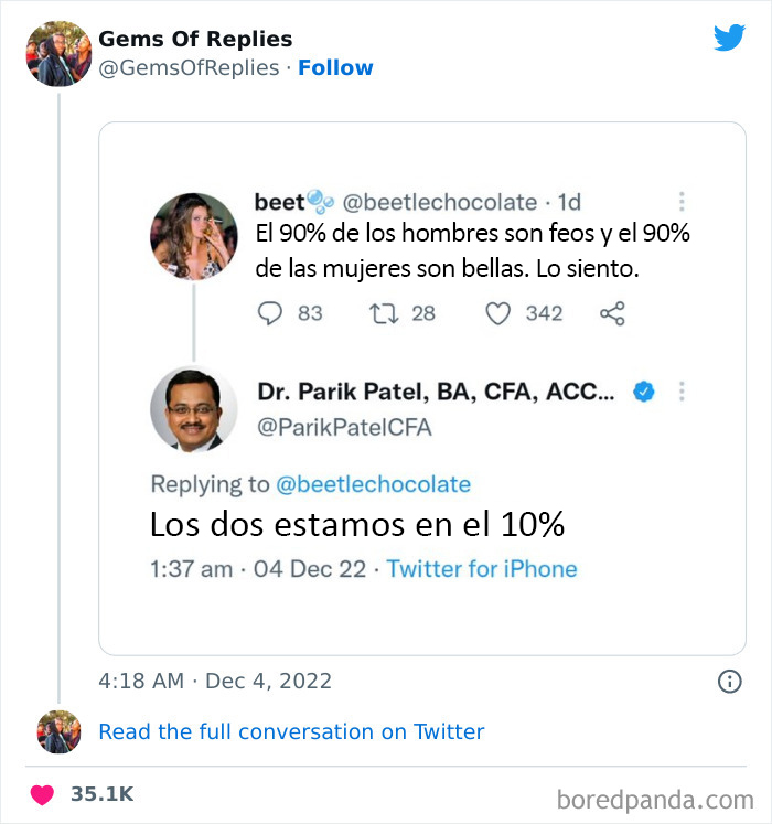 Dos tweets discutiendo belleza con réplicas ingeniosas; uno dice "Los dos estamos en el 10%".