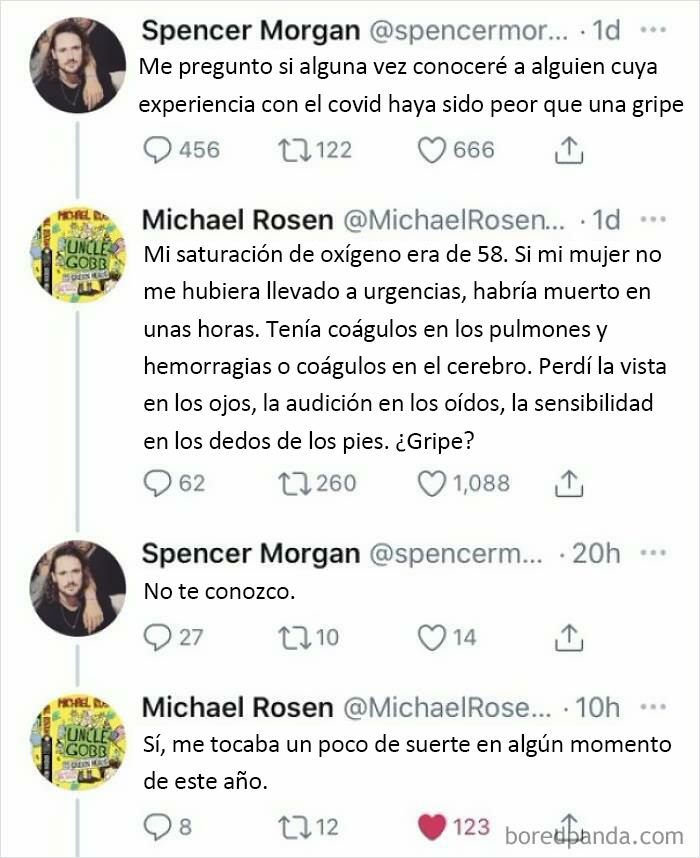 Intercambio en Twitter con réplicas ingeniosas, usuarios discuten experiencias personales sobre covid y salud.