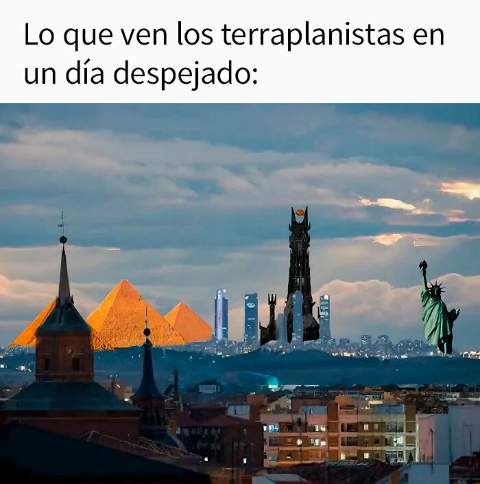 Meme sarcástico mostrando monumentos famosos en el horizonte de una ciudad.