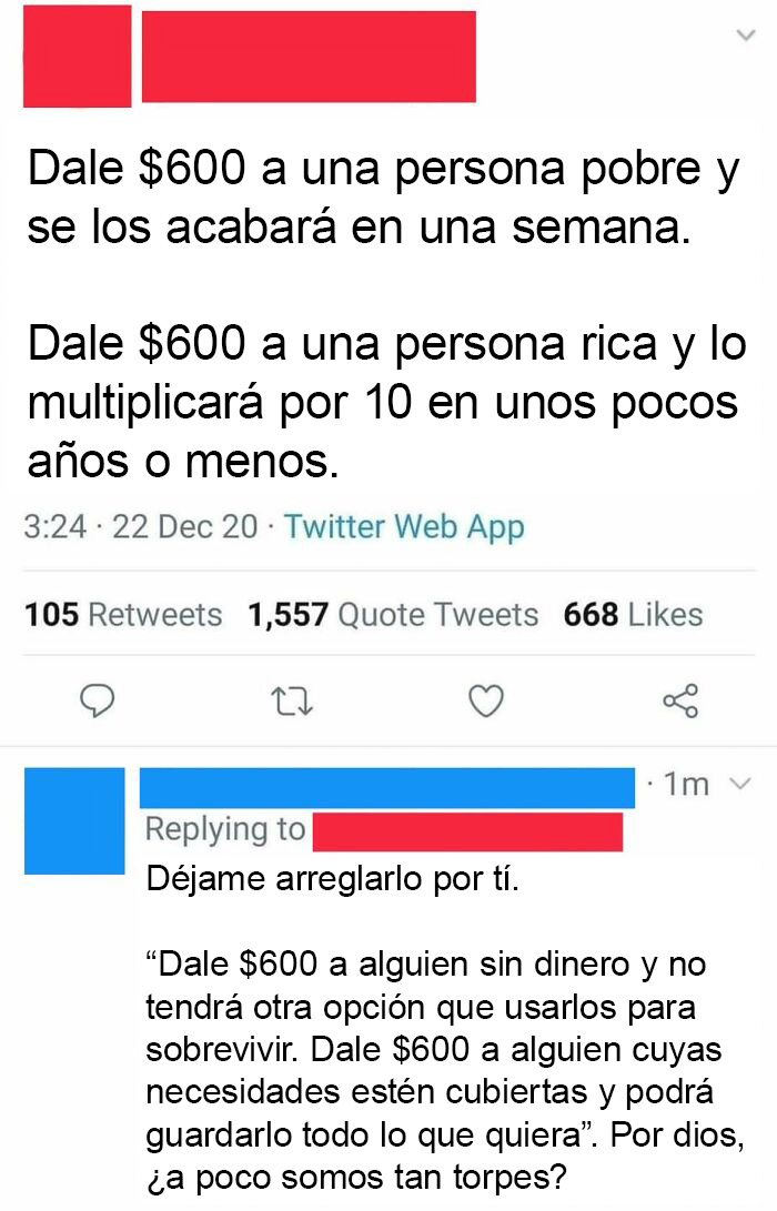 Meme sarcástico sobre cómo diferentes personas manejan $600 según su situación económica.