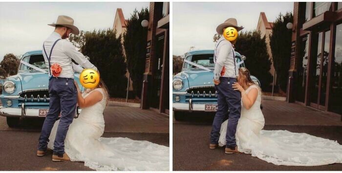 Novios en una boda vergonzosa frente a un coche clásico, poses inusuales en exterior.