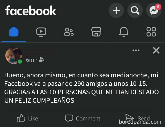 Texto en Facebook de un hombre prepotente sobre reducir amigos a quienes le felicitaron cumpleaños.