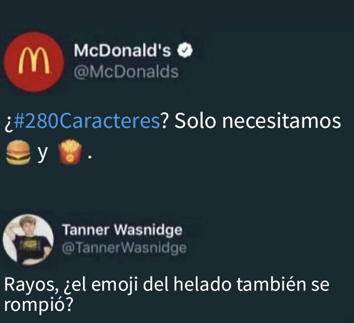 Tuit ingenioso entre McDonald's y usuario sobre emojis de comida y 280 caracteres.