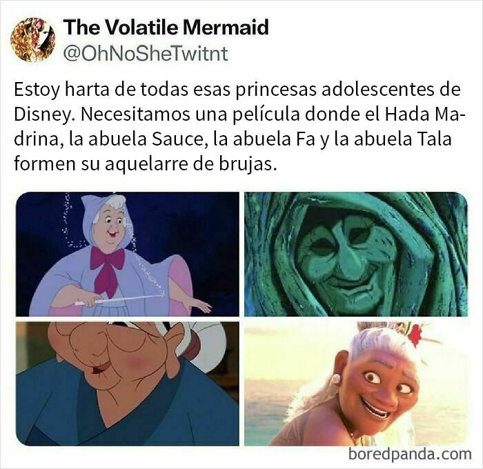 Meme sobre las alegrías y miserias de los millennials con personajes de Disney abuelas y hadas.