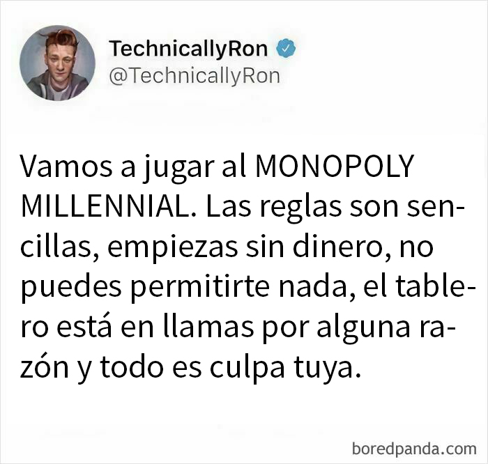 Meme sobre las alegrías y miserias de los millennials con un irónico juego de Monopoly y sus reglas.