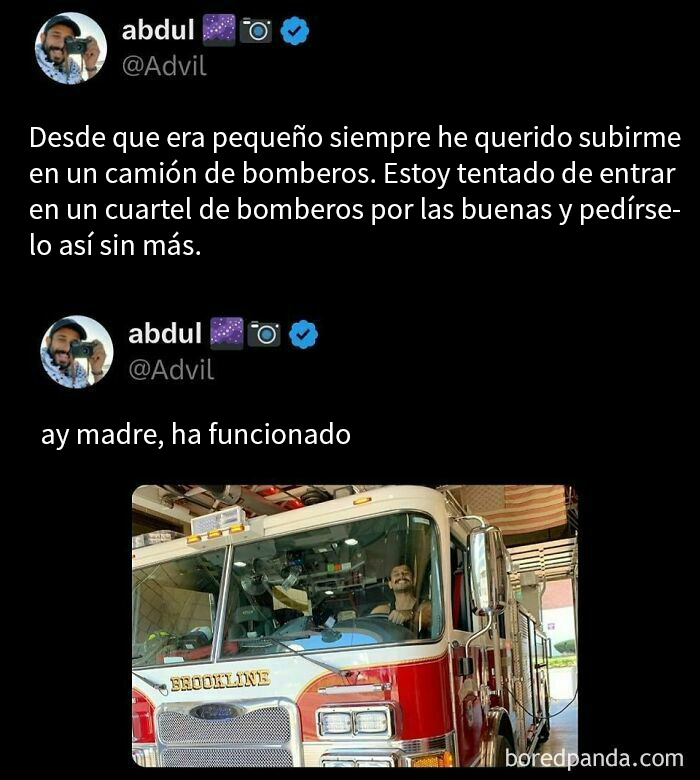 Hombre subido a un camión de bomberos, mensaje de logro. Memes de alegrías y miserias millennials.