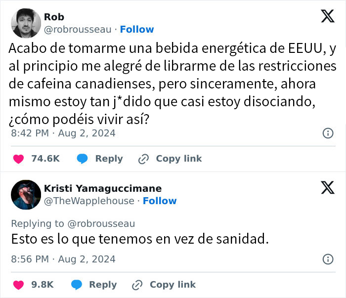 Dos tweets con memes sarcásticos sobre bebidas energéticas y sanidad en EEUU.