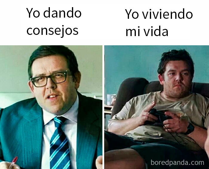 Hombre en traje dando consejos versus en casa relajado, parte de publicaciones divertidas para compartir.