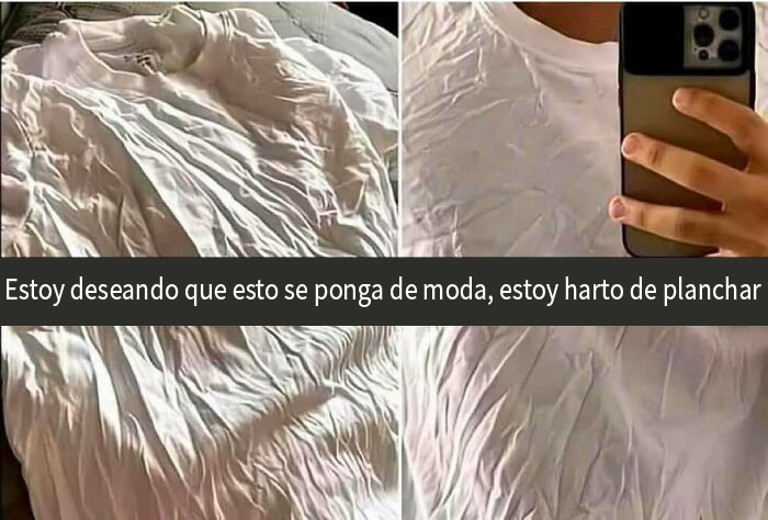 Camisa arrugada en una cama y persona usándola, mostrando un ejemplo divertido para compartir.