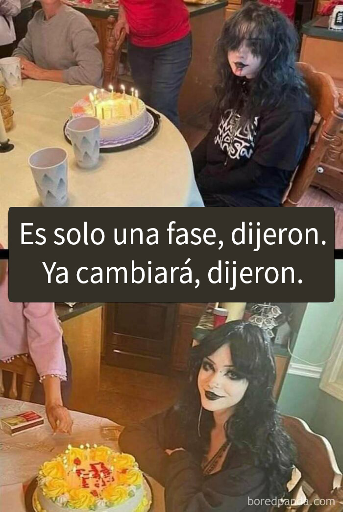 Joven con look gótico en fiesta de cumpleaños, con pastel y mensajes graciosos, ideal para compartir.