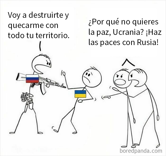 Caricatura de personas discutiendo temas bélicos, representando banderas de Rusia y Ucrania.