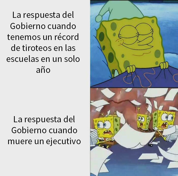 Bob Esponja en dos imágenes satíricas sobre la respuesta del gobierno ante diferentes situaciones.