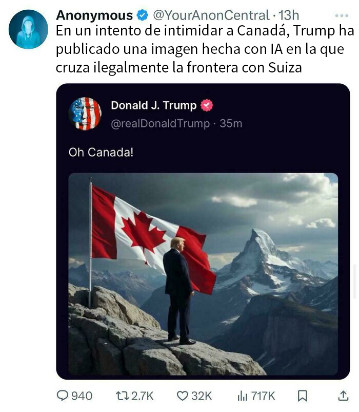 Imagen con bandera de Canadá y figura pública, publicada en un tuit con mensaje confuso.