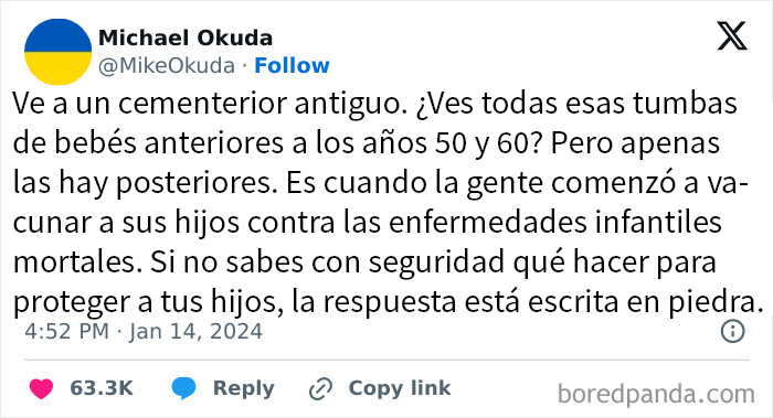 Captura de pantalla de una publicación en redes con reflexiones sobre cementerios y vacunación infantil.