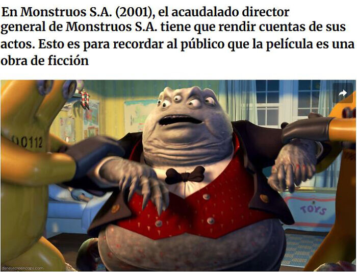 Personaje de Monstruos S.A. siendo detenido, escena que enfatiza la ficción en la película.