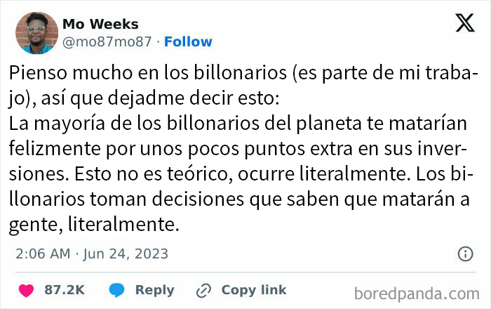 Persona compartiendo un comentario impactante sobre los billonarios y sus decisiones en redes sociales.