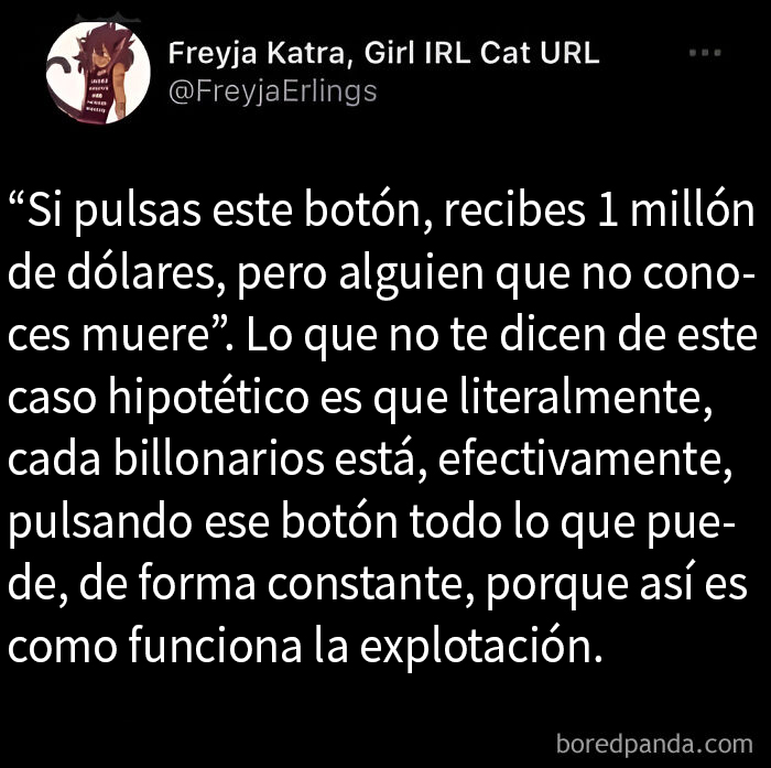 Persona publica tuit irónico sobre riqueza absurda y explotación.