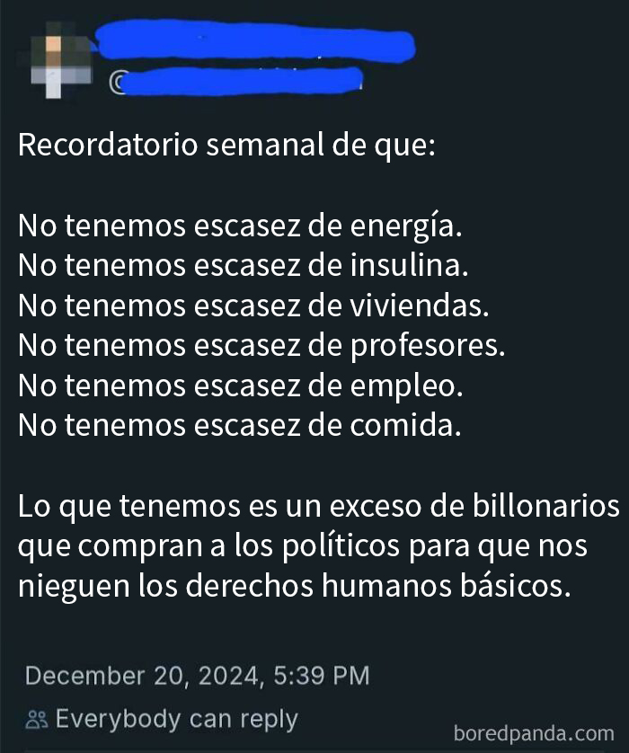 Texto en redes sociales critican exceso de billonarios, describiendo escasez creada por políticas económicas.