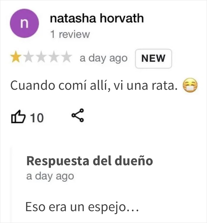 Reseña ingeniosa: comentario negativo sobre restaurante y respuesta sarcástica del dueño.