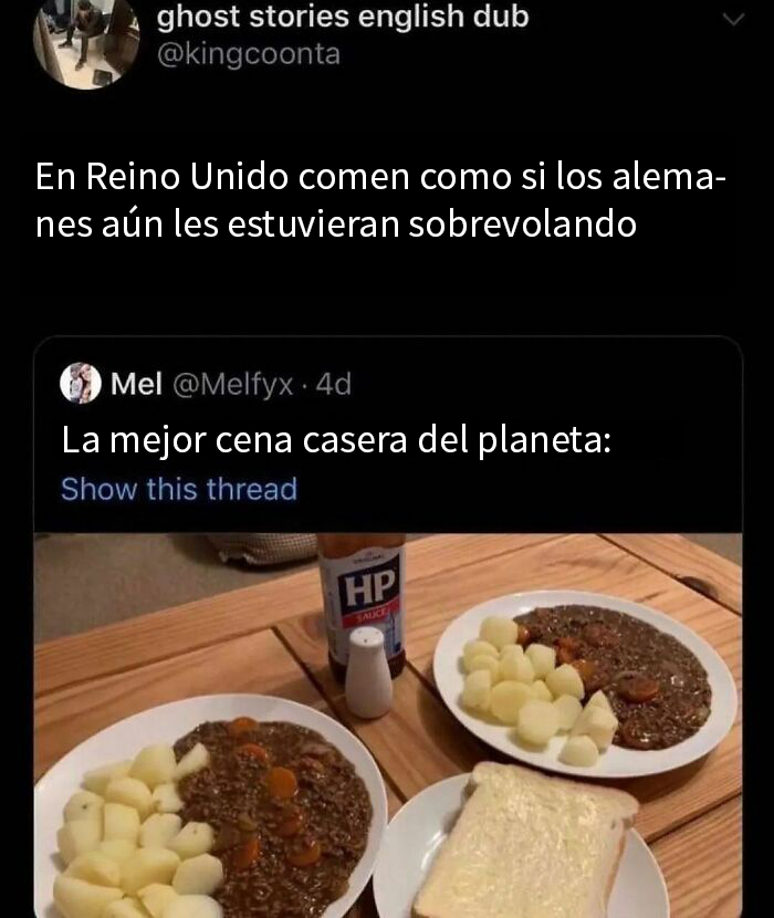 Platos de comida con salsa HP en un meme sarcástico sobre las cenas caseras en el Reino Unido.