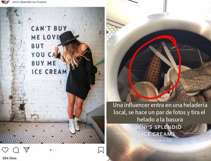 Influencer posando en heladería y tirando helado a la basura, ignorando molestias.