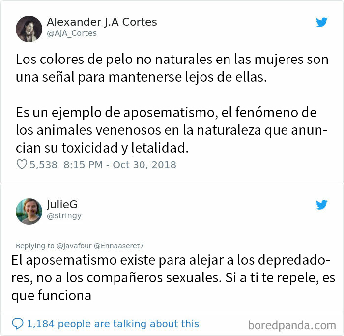 Réplicas ingeniosas en Twitter sobre colores de pelo no naturales y aposematismo.