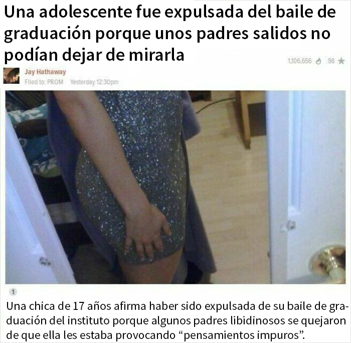 Joven en vestido brillante, polémica por expulsión de baile escolar, destacando actitud prepotente de adultos.