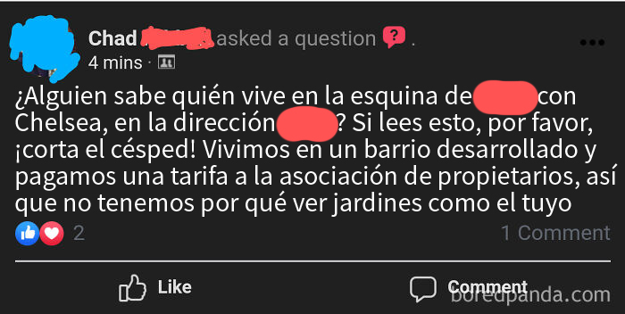 Hombre prepotente criticando jardines desordenados en una publicación de redes sociales.