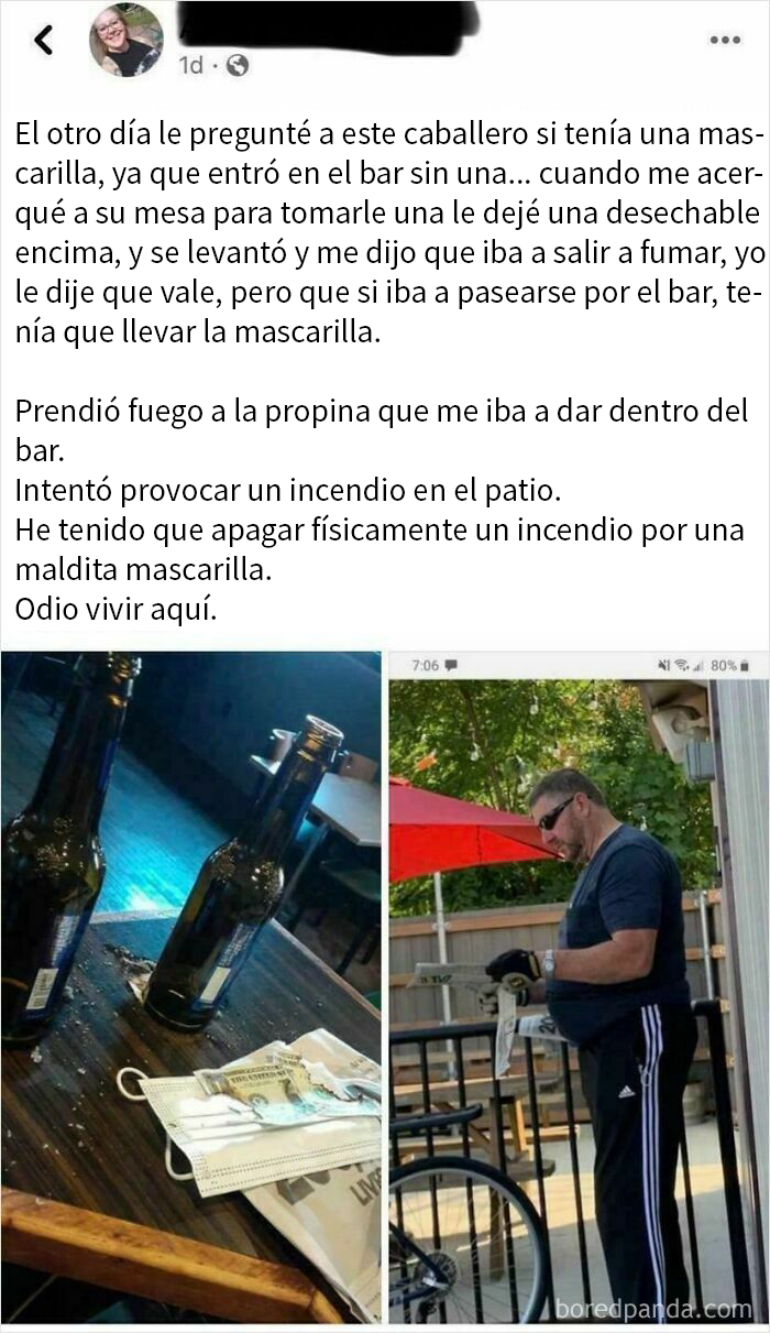 Hombre considerado un "Karen masculino" junto a una propina quemada en un bar.