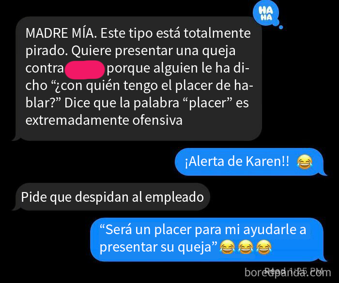 Texto de chat humorístico sobre un hombre prepotente, referido como "Karen masculino", que se ofende por la palabra "placer".