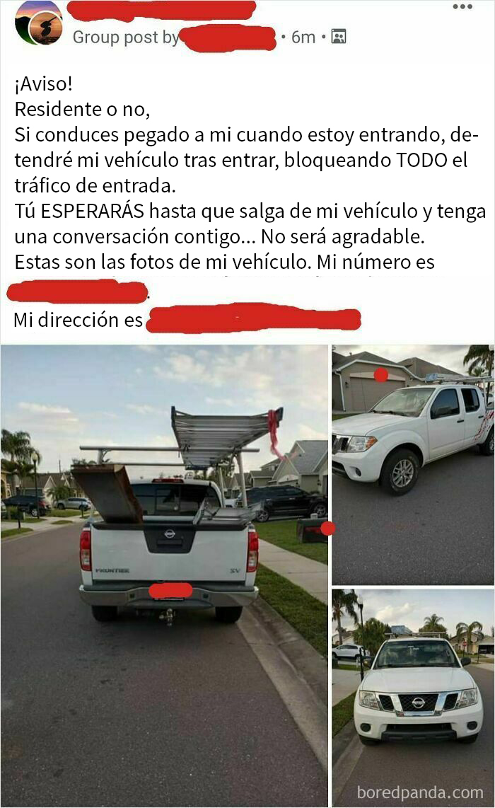 Hombre prepotente con aviso en redes sociales junto a fotos de su camioneta blanca.