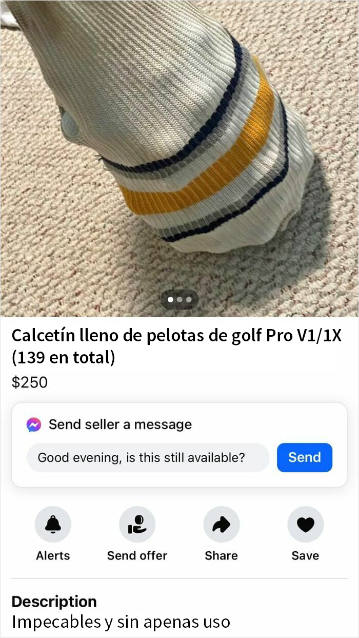 Calcetín lleno de pelotas de golf, una joya del Facebook Marketplace de vendedores originales.