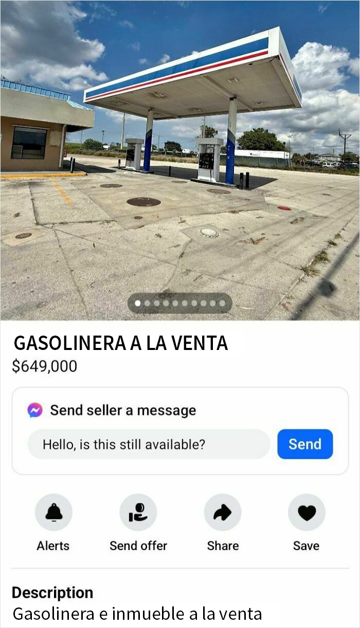 Gasolinera en venta en Facebook Marketplace, destacada entre las joyas insólitas de vendedores delirantes.