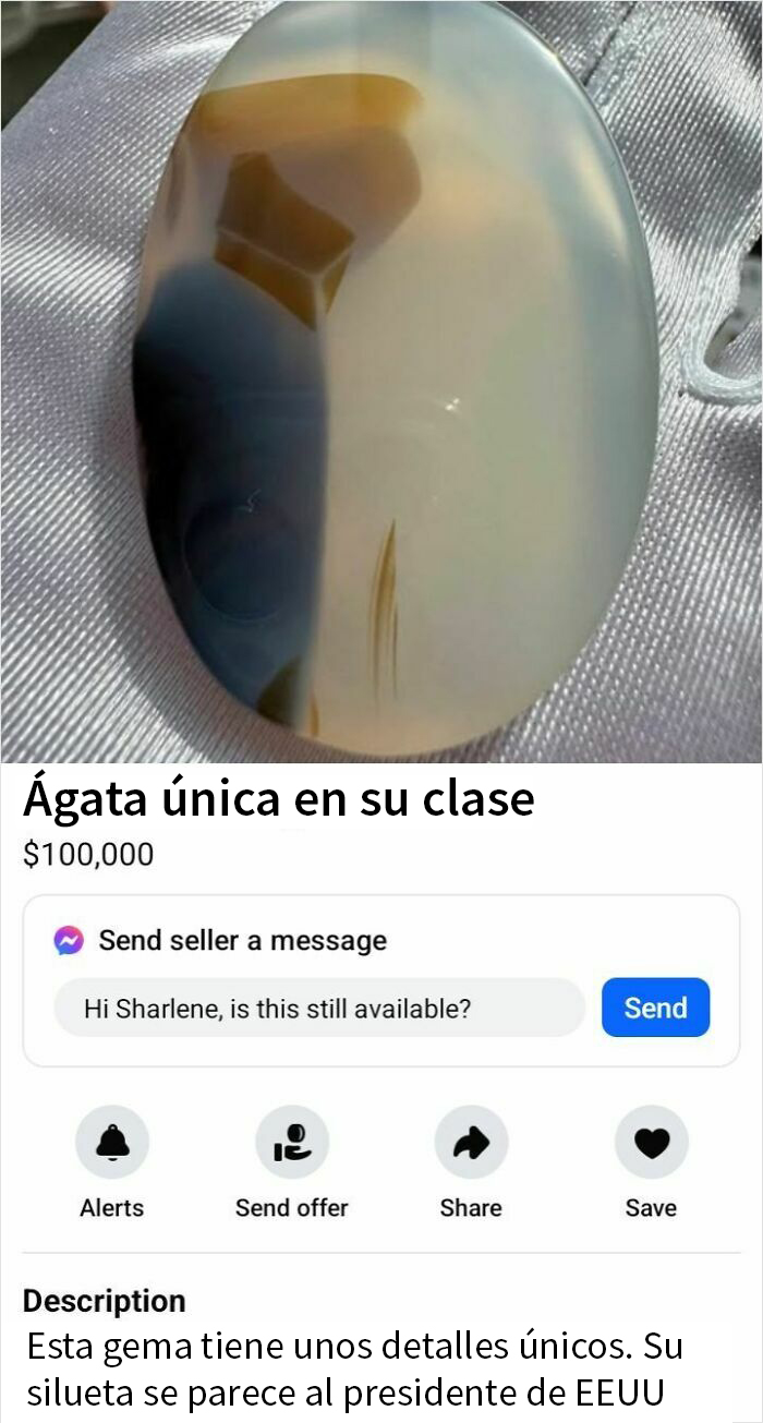 Ágata única a la venta en Facebook Marketplace, resaltando detalles intrigantes.