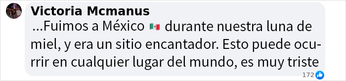 Comentario sobre viaje a México, mencionando un sitio encantador y lamentando eventos tristes ocurridos en un punto turístico.