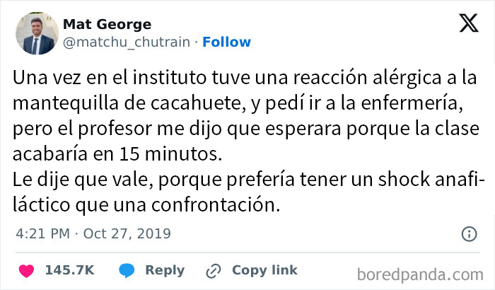 Tuit sobre profesor tóxico, estudiante enfrenta reacción alérgica y profesor ignora su emergencia médica.