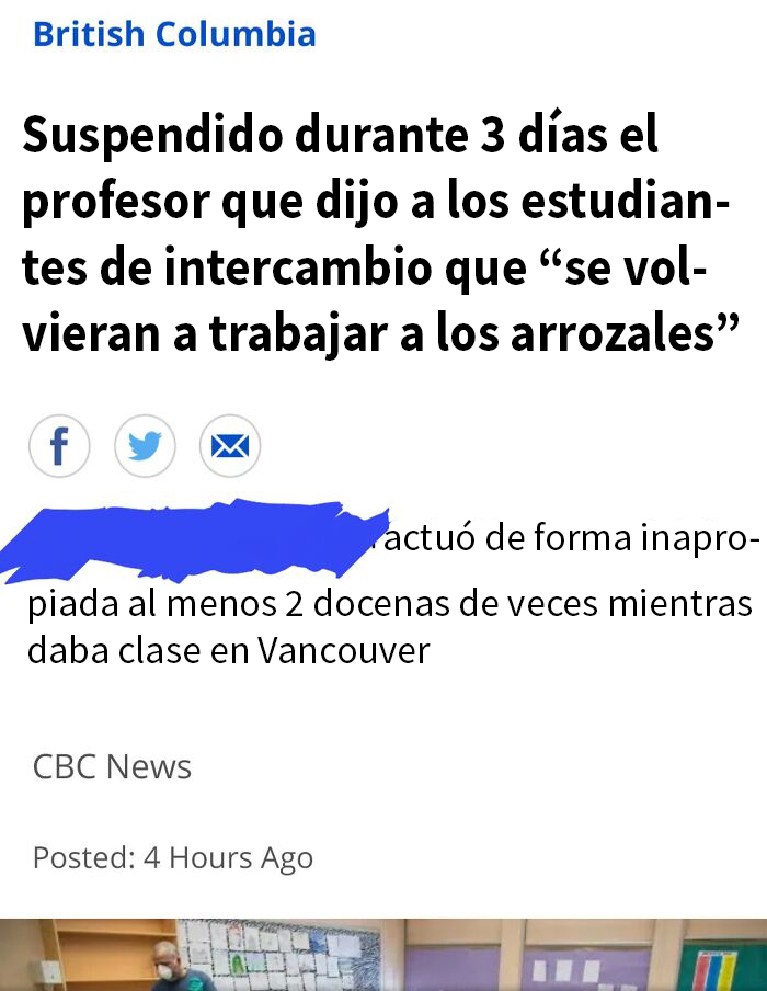 Profesor suspendido por comentarios inapropiados a estudiantes de intercambio en clase.