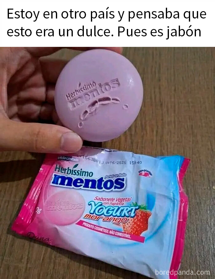 Jabón con empaque similar a dulce Mentos, creando una situación sarcástica sobre confusión de productos.