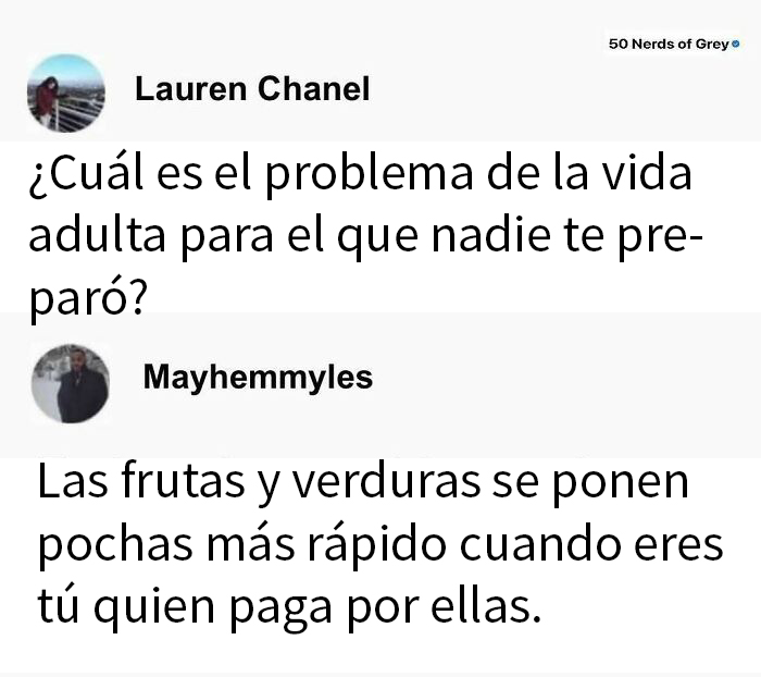 Texto sarcástico sobre problemas de la vida adulta y el costo de frutas y verduras.