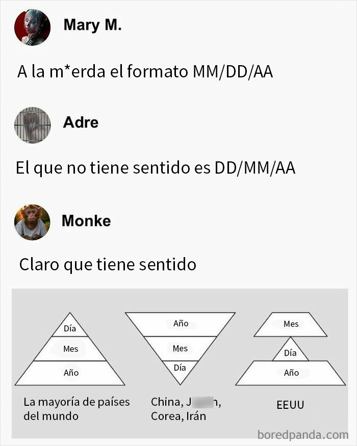 Memes sarcásticos sobre formatos de fecha con pirámides representando distintos países y su lógica.