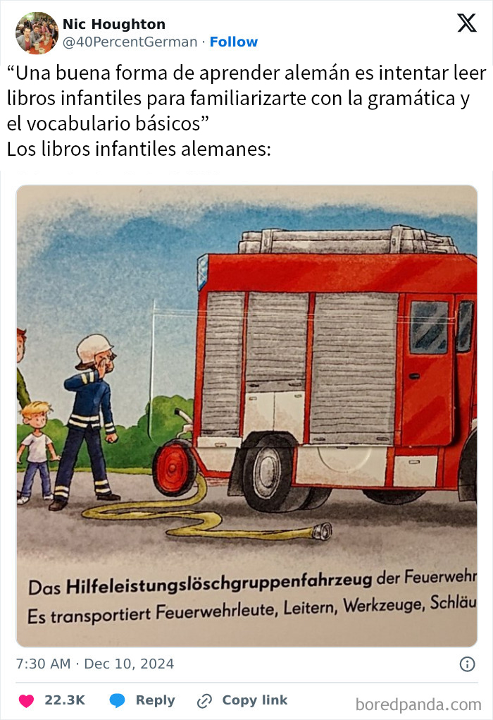 Carro de bomberos en libro infantil alemán destacando hilarantes memes sarcásticos sobre aprendizaje de idiomas.