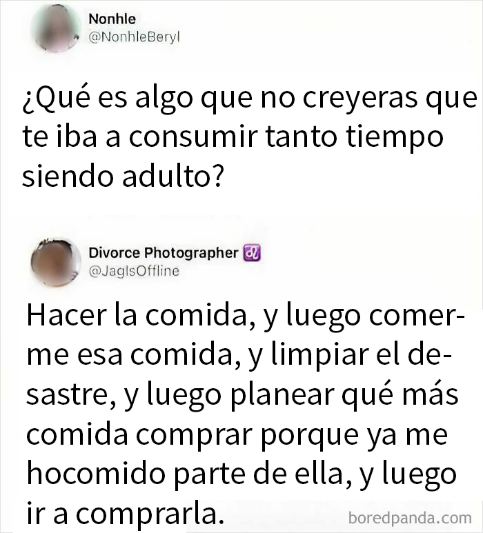 Tweets divertidos sobre el tiempo que consume ser adulto, compartidos en un grupo online.