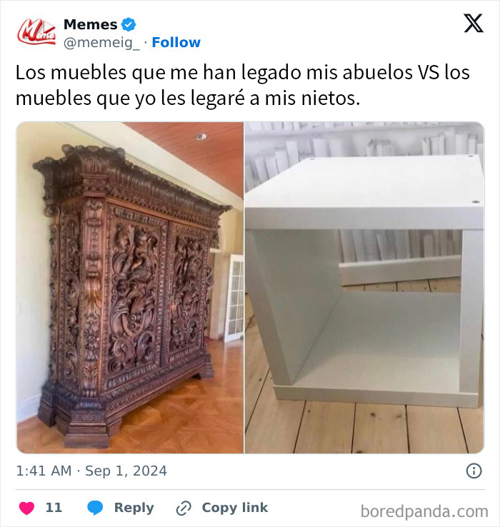 Meme comparando un mueble antiguo tallado con una mesa blanca simple.