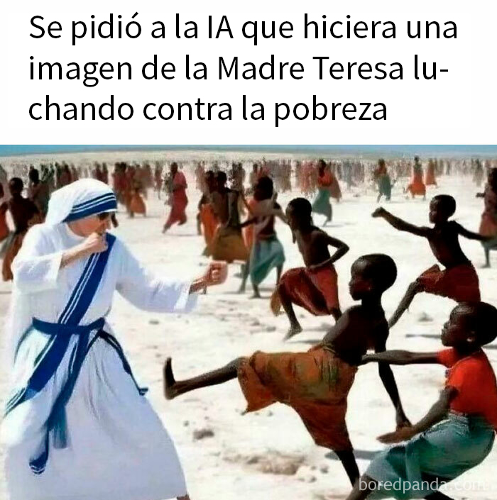 “Parodia divertida de la Madre Teresa interactuando con niños en un ambiente desértico.”